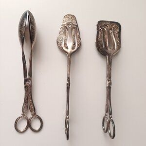 Three Vintage Silver Plated over Zinc Alloy Serving Tongs in Original Box